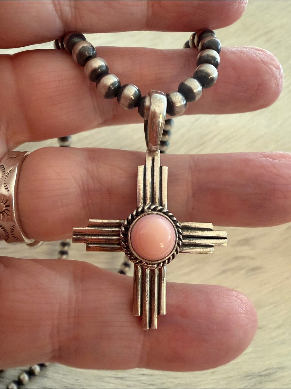 ❤️ Queen Pink Conch Navajo Style Sterling Silver 6.7 Gm Zia Cross Pendant 1.68”L